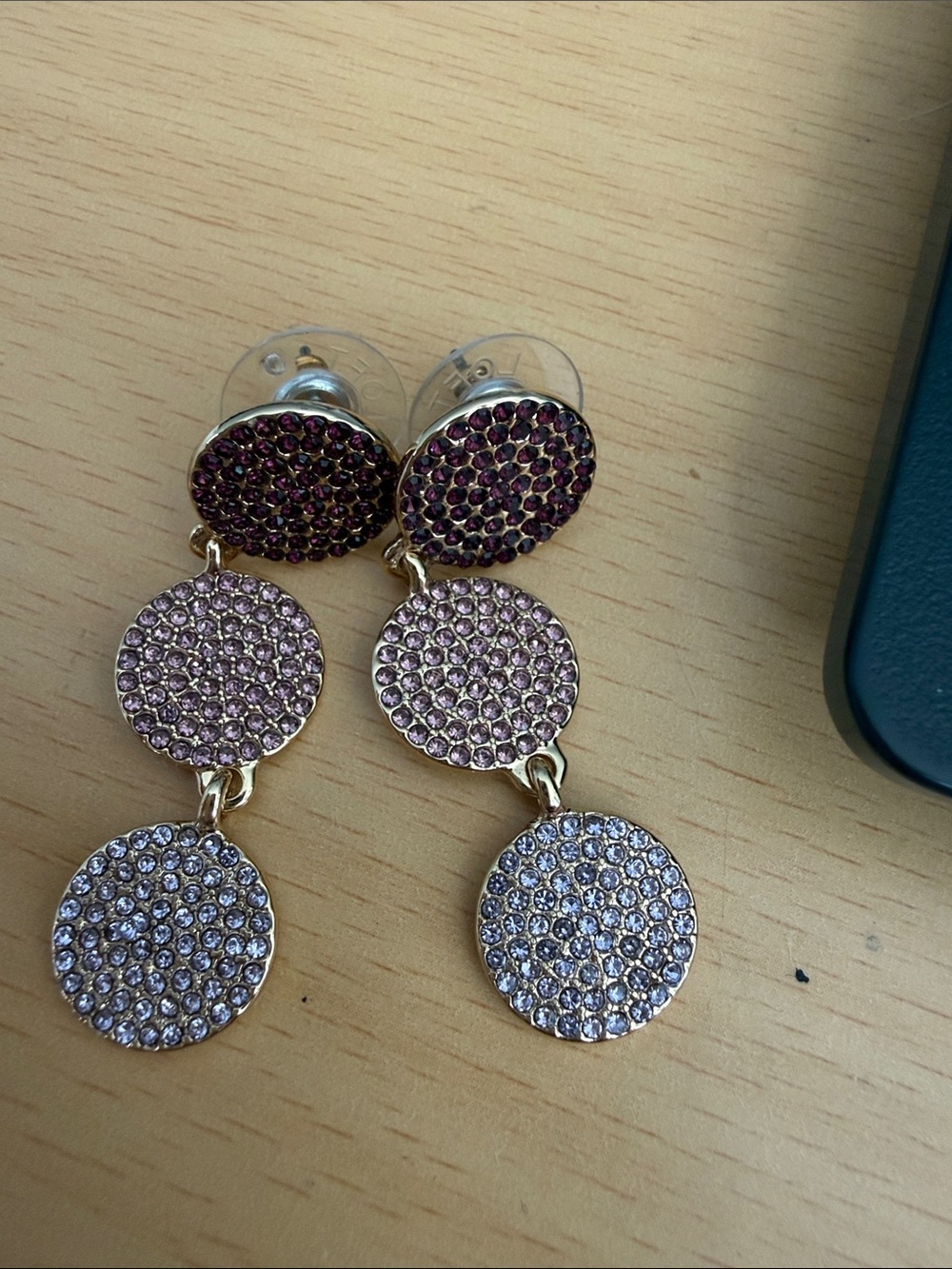 Gold-Tone Triple Disc Drop Earrings with Purple and Pink Crystals